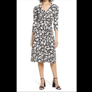 Eliza J Black White Floral Print Wrap Midi Dress – Size 10